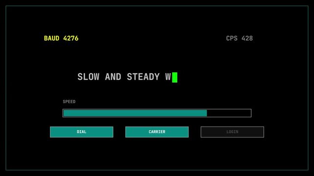 Retro Modem Connection Speed Test Animation with Baud Rate Counter and Slow and Steady Wins the Race Text Message
