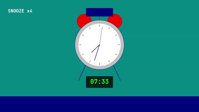 Flat Design Animation of a Ringing Alarm Clock Showing Multiple Snooze Attempts Leading to a Late Status