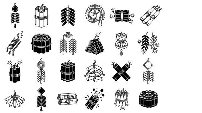Diwali Firecracker Icon Set &ndash; Black and White Traditional Indian Festival Crackers Vector Collection