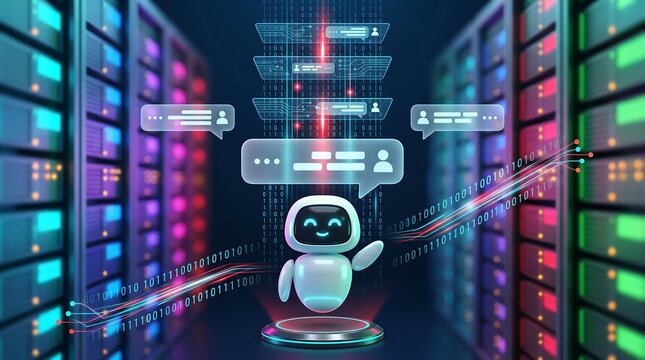 Cute small white 3d robot character floating in server room data center with digital chat bubble interface icons representing communication and cloud computing networking