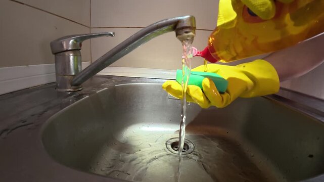 Pouring Dish Soap on Sponge and Squeezing Foam in Gloves
