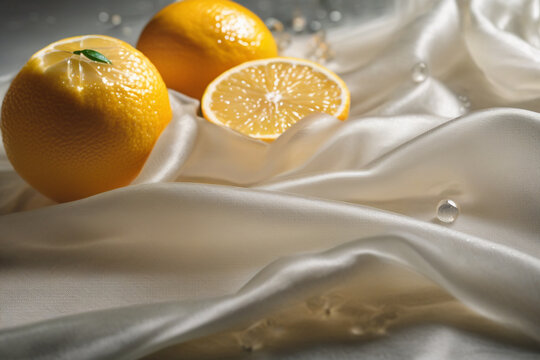 Oranges on white cloth close-up