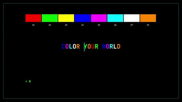 Vintage Computer Terminal Screen Displaying Color Your World Text Animation with Retro ANSI Graphics and ANSI Color Bars