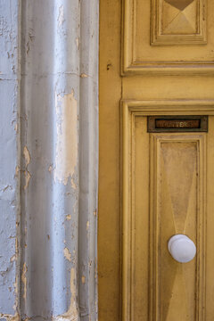 Ochre Yellow Wooden Door Panel with White Round Porcelain Knob, Vintage Letters Mail Slot