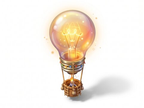 A unique hot air balloon shaped like a giant incandescent bulb, glowing brightly with a coiled filament. Complete with a detailed rattan basket, sandbags, and decorative flags, it floats on a pure whi