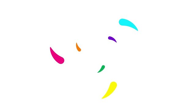 Animated colorful three drops of liquid moving from the center and spinning in a circle. Fluid effect. Looped video. Vector illustration isolated on white background. 