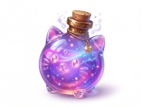 A 3D magic potion bottle icon in the shape of a cute cat head, filled with sparkling purple liquid with stars and a golden moon necklace decoration.
