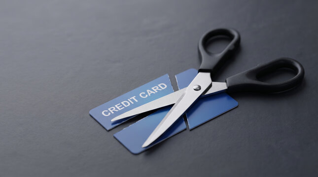 Credit card cut with scissors showing financial restriction and payment risk. Finance crisis recession problem. bankruptcy bankrupt destroy loss, debt loan pay spending poverty