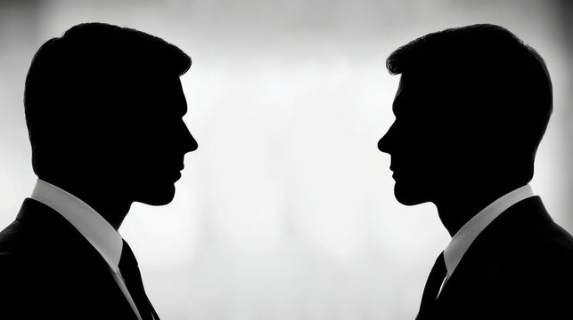 A black and white silhouette of two businessmen in suits facing each other in profile against a light background.Business strategy blogs, corporate law websites, negotiation platforms, executive coach