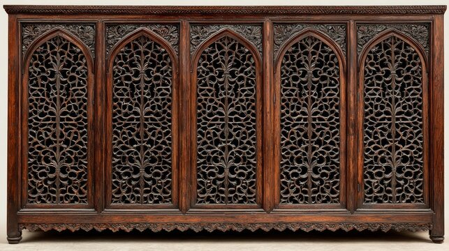 An ornate, antique dark wooden cabinet with five gothic arched doors featuring detailed latticework and tracery carving.cabinet, furniture, antique, wooden, gothic, carved, sideboard, tracery, wood