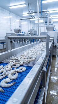 Industrial food processing plant with raw peeled shrimp moving on a blue conveyor belt under water sprayers. Commercial seafood production line in a modern hygienic factory.