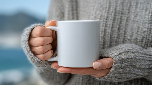 A close-up of hands holding a plain white mug with a person in a warm grey knitted sweater against an outdoor blurred coastal background.Print-on-demand stores, coffee and tea blogs, autumn and winter