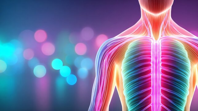 A colorful 3D medical illustration showing glowing human muscular and skeletal upper body anatomy against a blurred bokeh background.Healthcare and medical portals, sports science and fitness blogs