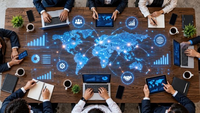 A top view of a global business team collaborating around a table with a glowing world map and data visualization.