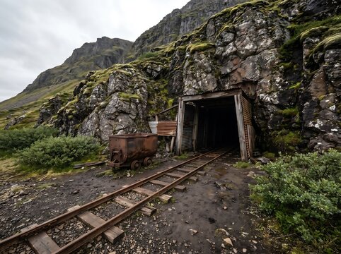 Old abandoned mine shaft entrance with rusty rails and wooden support beams tunnel mining railway tracks cart rocky mountain industrial heritage