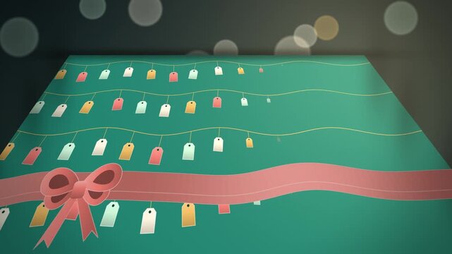 Gift wrapping paper with hanging gift tags angled view endless loop