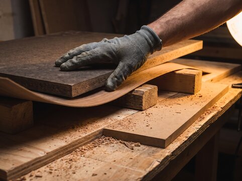 Craftsman pressing compressed wood board in carpentry workshop with manual labor carpenter woodworker woodworking industry industrial