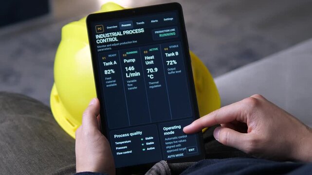 Engineer monitors a running production line on a tablet, tracking pump flow, temperature and tank levels in a connected smart factory environment.