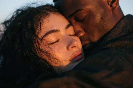 Multicultural couple embracing with soft morning light outdoors