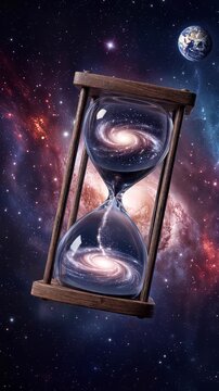 Cosmic time flowing endlessly as galaxies spiral inside an hourglass suspended in deep space. Lockdown shot of surreal digital artwork with Earth in background.