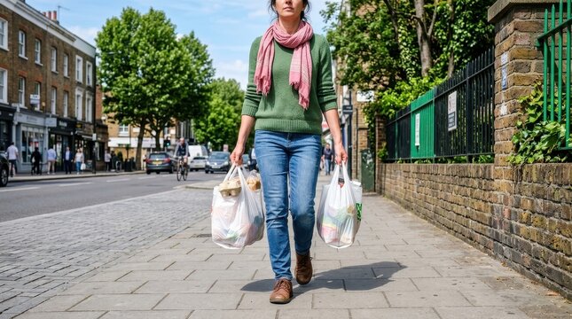 Woman carrying heavy plastic grocery bags along a sunny city sidewalk during afternoon daylight