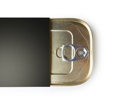 Tin can mockup with blank black label isolated on white background