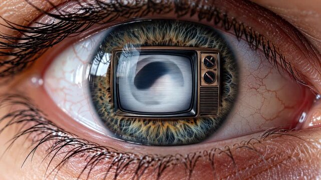 Surreal human eye displaying vintage television with flickering static noise inside pupil and iris. Conceptual visual on media consumption and screen addiction. Extreme close-up lockdown shot.