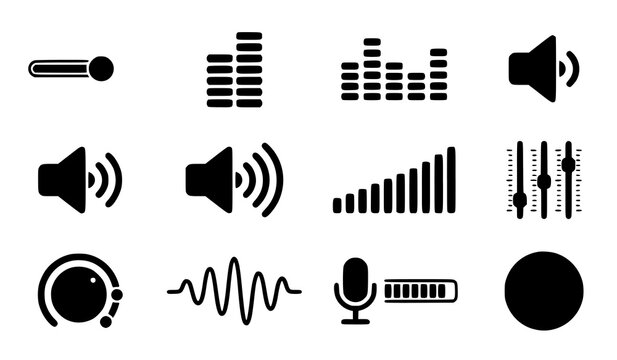 Black audio sound control panel microphone volume equalizer vector icon set isolated on clean white background