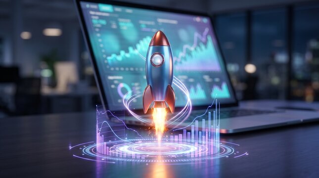 Rocket Launch of Innovation: A stylized rocket blasting off from a digital launchpad, set against a backdrop of data analytics on a laptop screen.