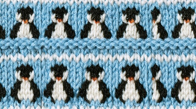 Pale blue knit texture with rows of cute penguins, winter kids seamless pattern
