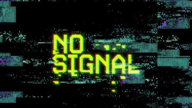 No Signal text with glitch effect on distorted neon background cyberpunk retro TV error display. Perfect for cyberpunk aesthetics, video edit transitions, overlays and modern futuristic graphics.