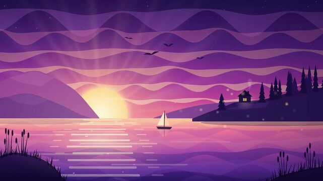 Peaceful sunset landscape loop animation with a small boat, quiet harbor, and cozy house on the shore. Scenic evening twilight by the water with birds, gentle waves, and glowing house windows