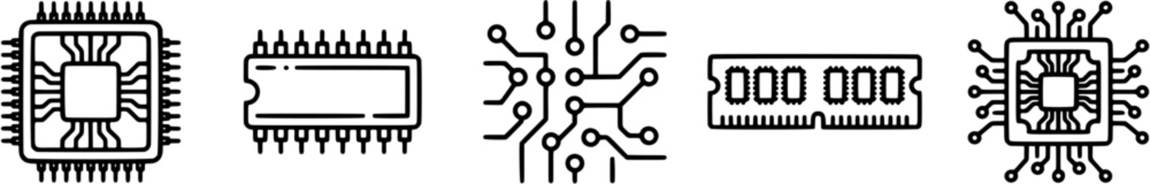 Microchip icon set in outline style including CPU, RAM memory module, integrated circuit and electronic hardware components.