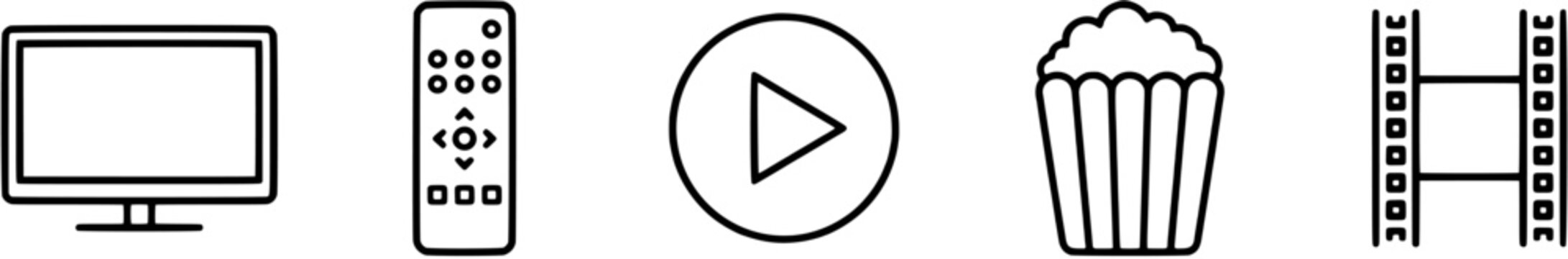 Movie and cinema icon set in a simple black outline style including television, remote control, play button, popcorn and film strip.