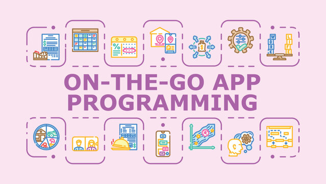 On-the-go app programming banner infographic. Debug testing, development swift, mobile python icon vector illustration