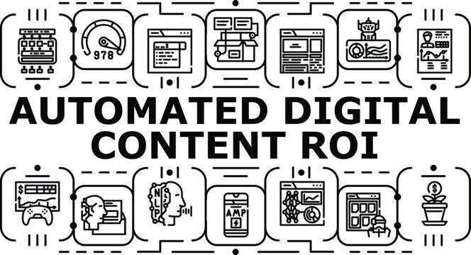 Automated digital content roi banner infographic. Conversion attribution, marketing engagement, efficiency revenue icon vector illustration