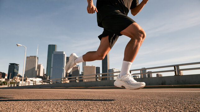 Low angle view of male athletic runner mid-stride running along a city bridge road wearing black shorts and white running shoes against urban skyline background in bright daylight