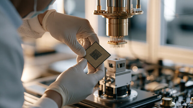 Quantum computer processor being examined by a quantum physicist wearing cleanroom gloves, delicate chip held carefully above a specialized mounting fixture, laboratory bench
