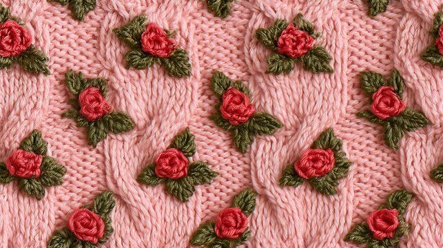 Dusty pink knit texture with small red roses, romantic floral seamless pattern