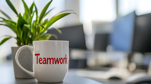 A white office mug with the inscription "Teamwork" stands on an office desk against a backdrop of workspaces on a clear day