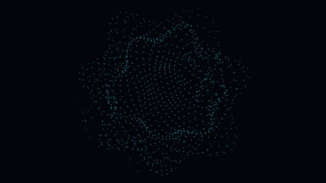 Digital particle explosion forming abstract geometric shape on black background