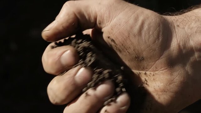 Farmer Hand Squeezing and Testing Fertile Black Soil Crumbles in Field
