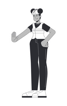 Black female construction worker showing stop hand gesture line art character. Worksite safety warning. Builder contractor prohibiting isolated vector outline person. Black and white spot illustration