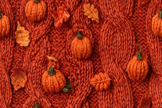 Rust orange cable knit texture with pumpkins and autumn leaves, fall seamless pattern