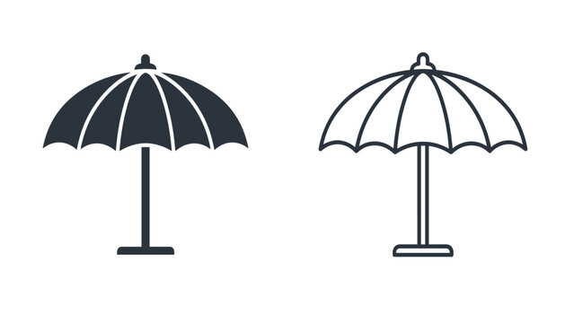 Beach umbrella icons set with outline and silhouette styles for summer vacation resort element vector illustration isolated on white background
