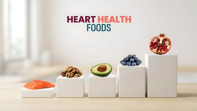 Heart health foods pyramid with avocado salmon nuts blueberries pomegranate