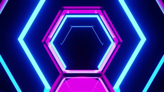 Hexagon blue tunnel VJ loop background animation with purple pink ball light