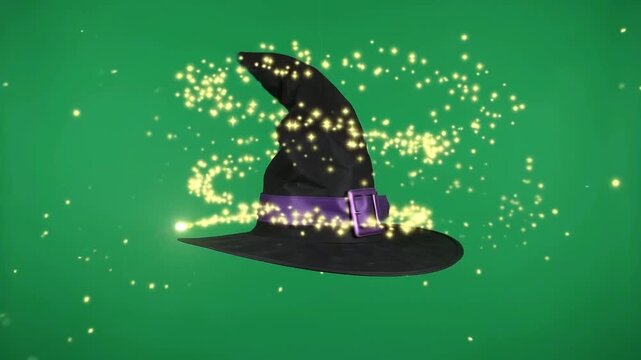 Green screen floating black witch hat with magical sparkling golden halloween