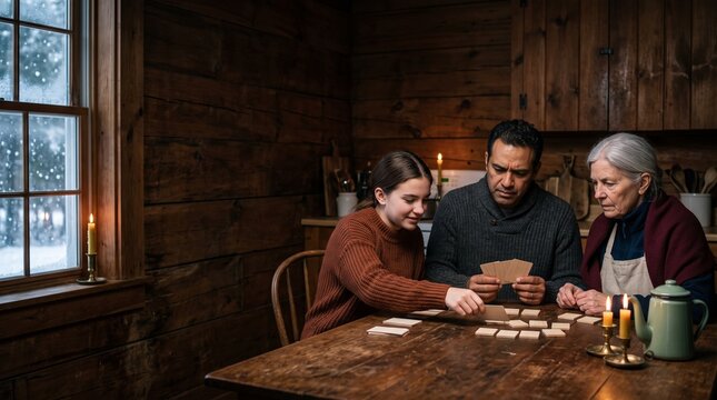 Multi-generational family playing a card game together by candlelight at a rustic wooden table inside a cozy log cabin on a snowy winter day