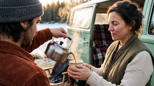 A man pours steaming hot coffee from a metal kettle into a mug held by a smiling woman outside their vintage camper van on a chilly morning
